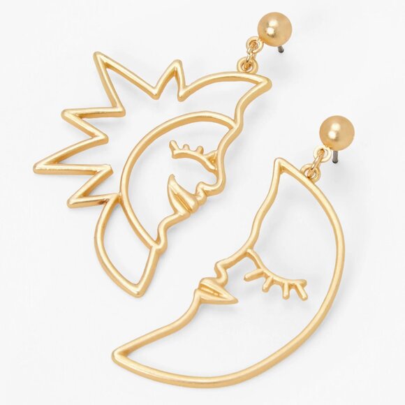 2/$10 Claire's Gold 3” Sun & Crescent Moon Outline Drop Earrings - Picture 1 of 2